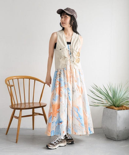印度大理石印花吊帶連衣裙