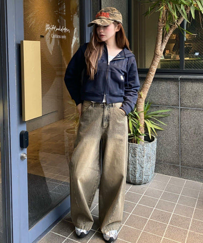 鉚釘設計 闊腿 牛仔面料 牛仔褲