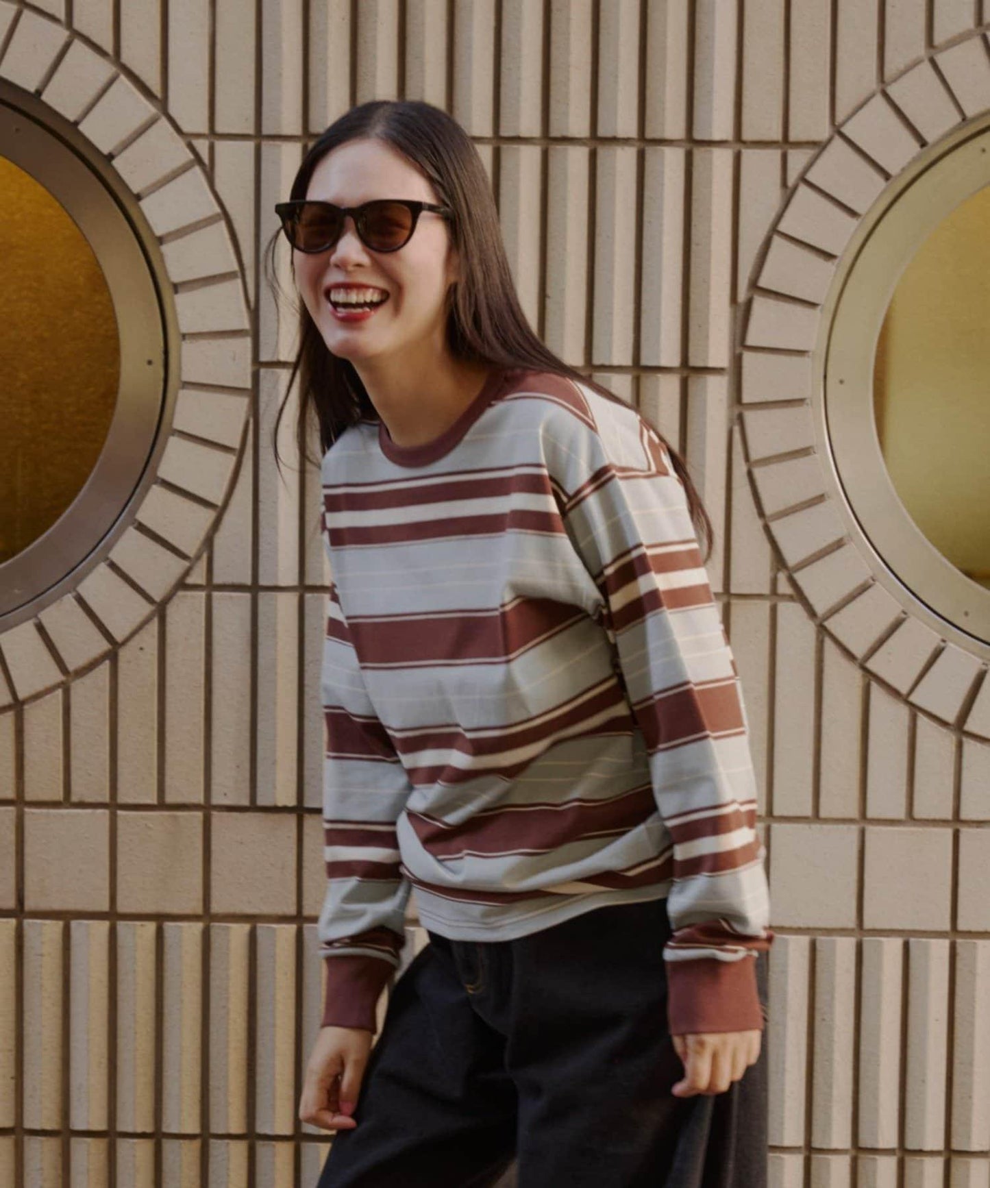 WHIMSIC 拼色條紋長袖T恤