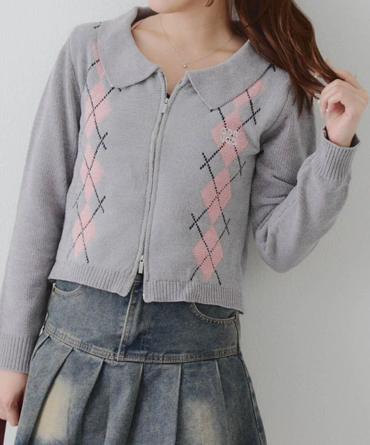 天鵝絨莫爾雙拉鍊針織開衫