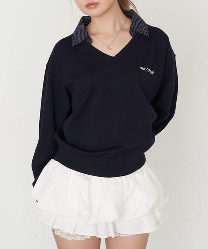 帶領 V字胸口刺繡 針織上衣