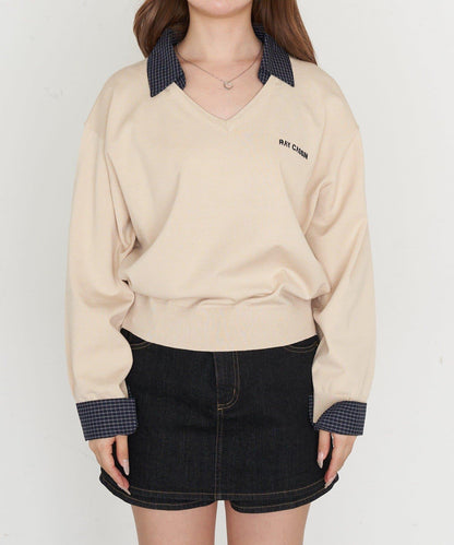 帶領 V字胸口刺繡 針織上衣