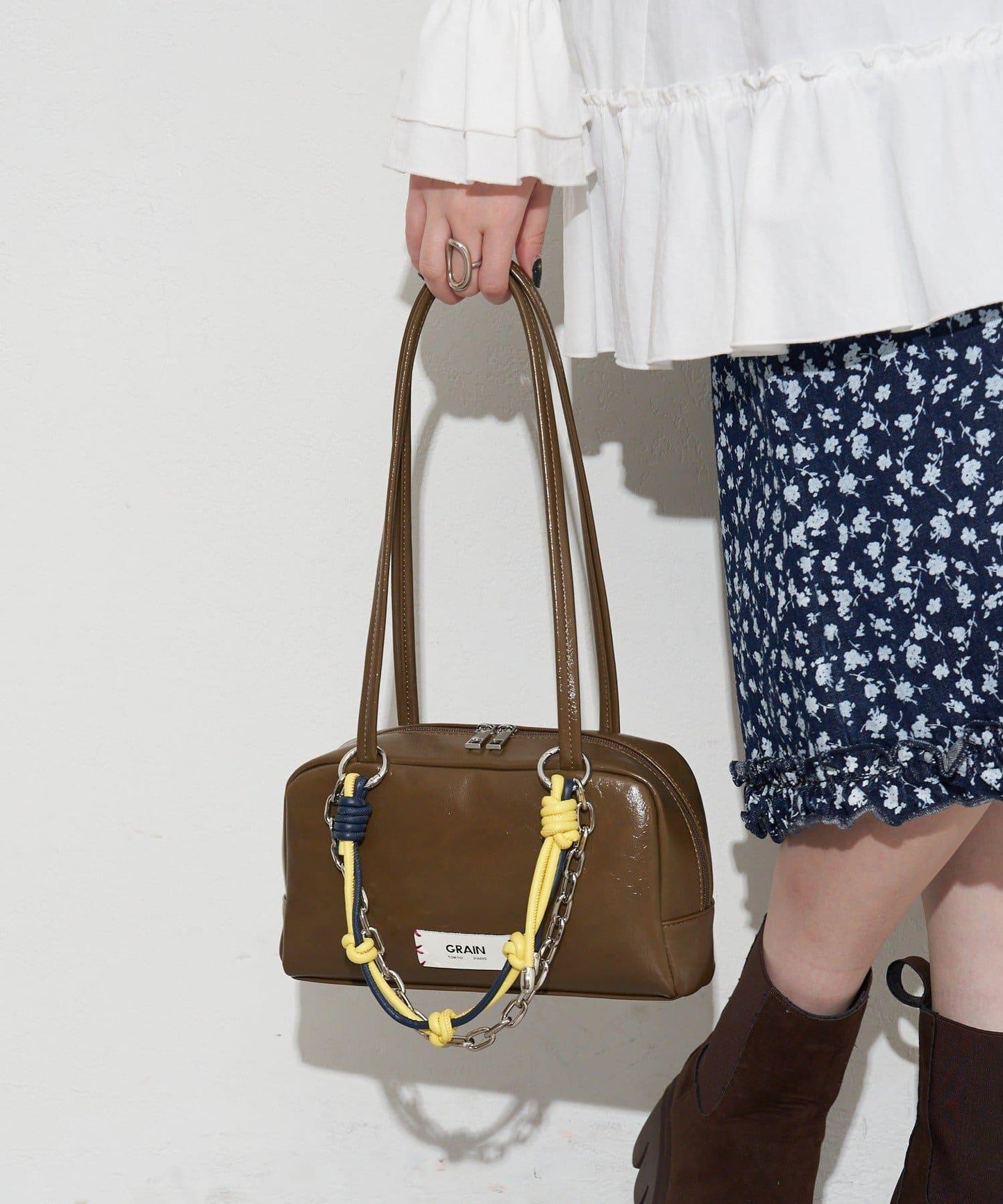 GRAIN/グレイン 配色皮革鏈條波士頓包