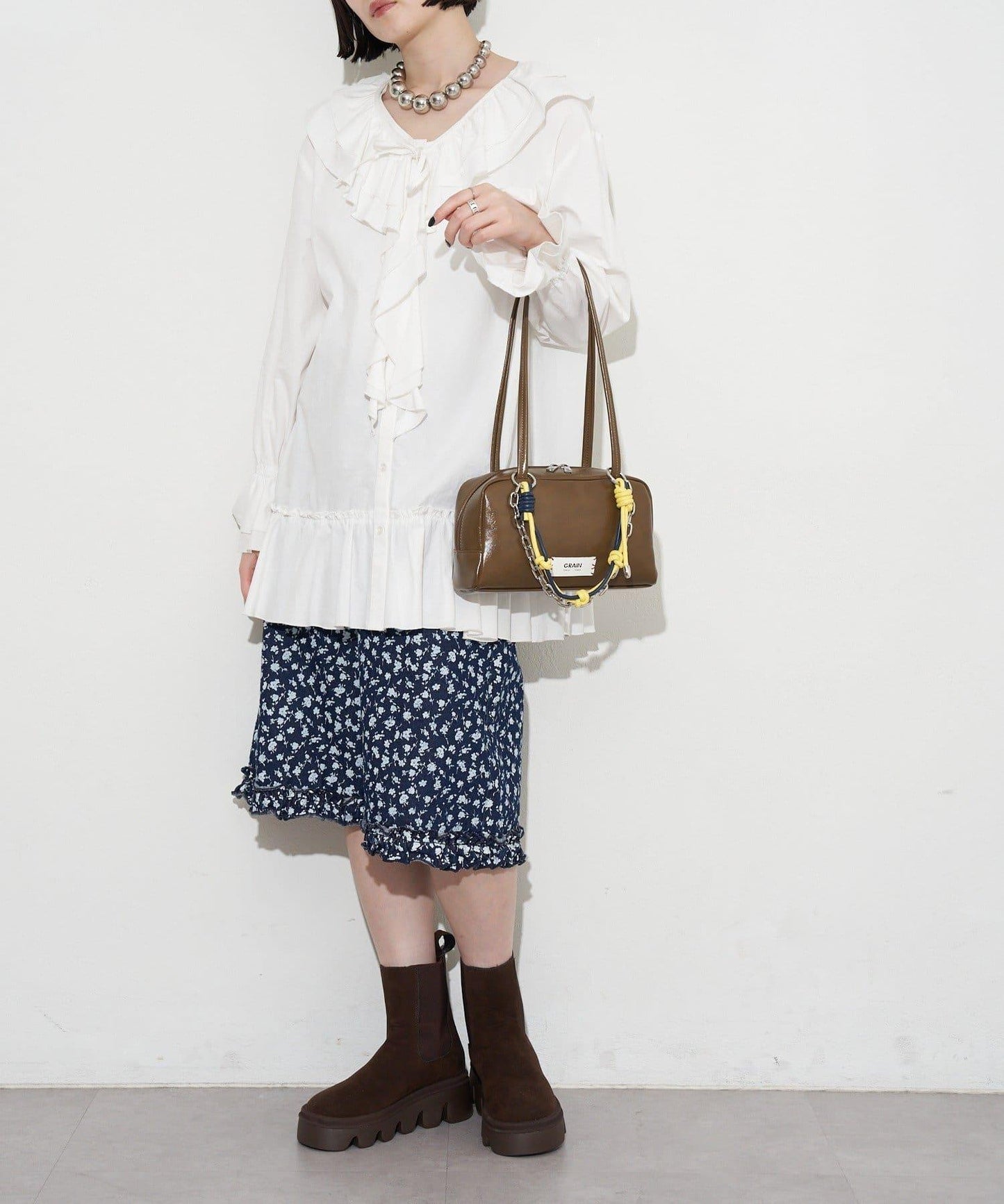 GRAIN/グレイン 配色皮革鏈條波士頓包