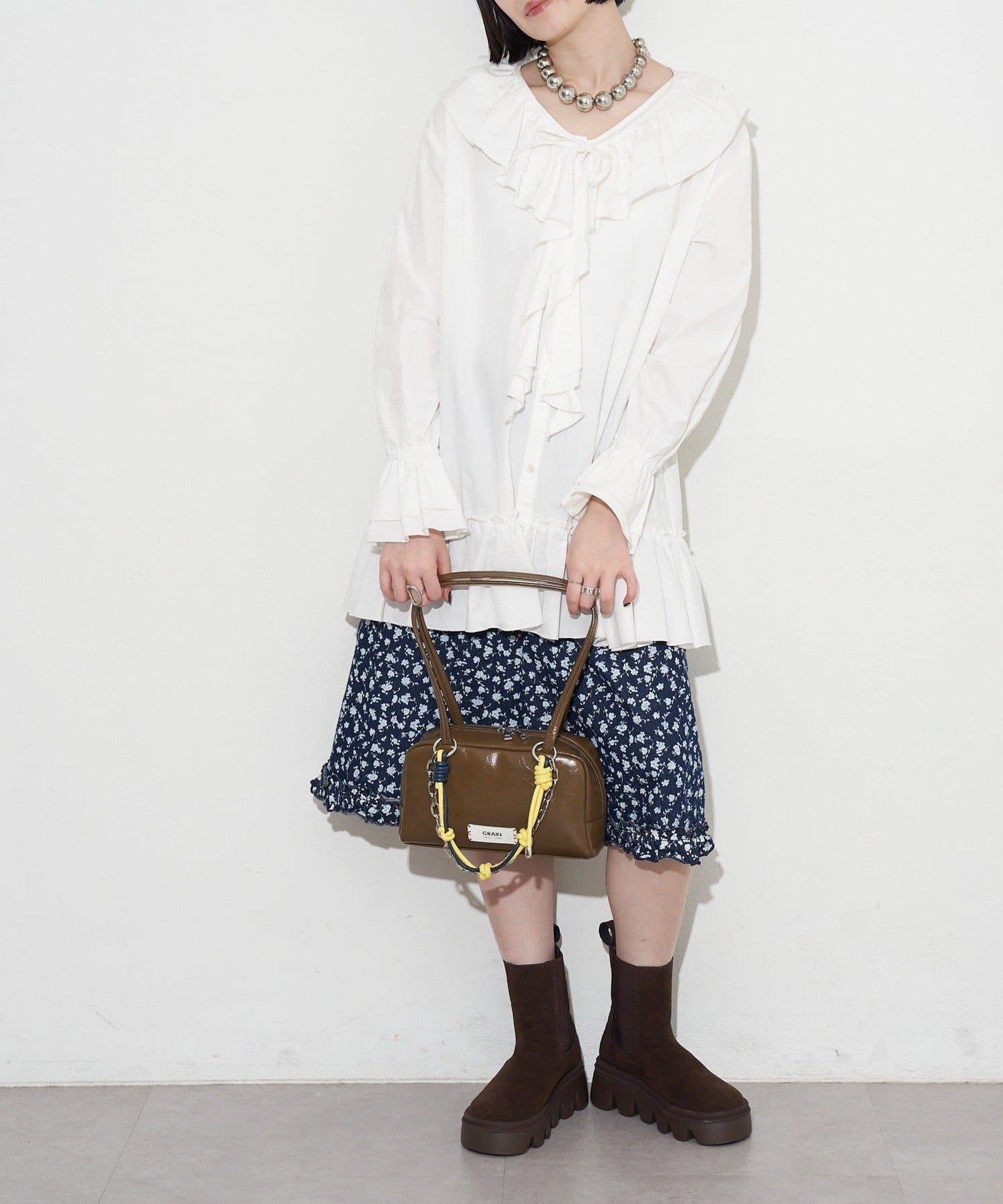 GRAIN/グレイン 配色皮革鏈條波士頓包