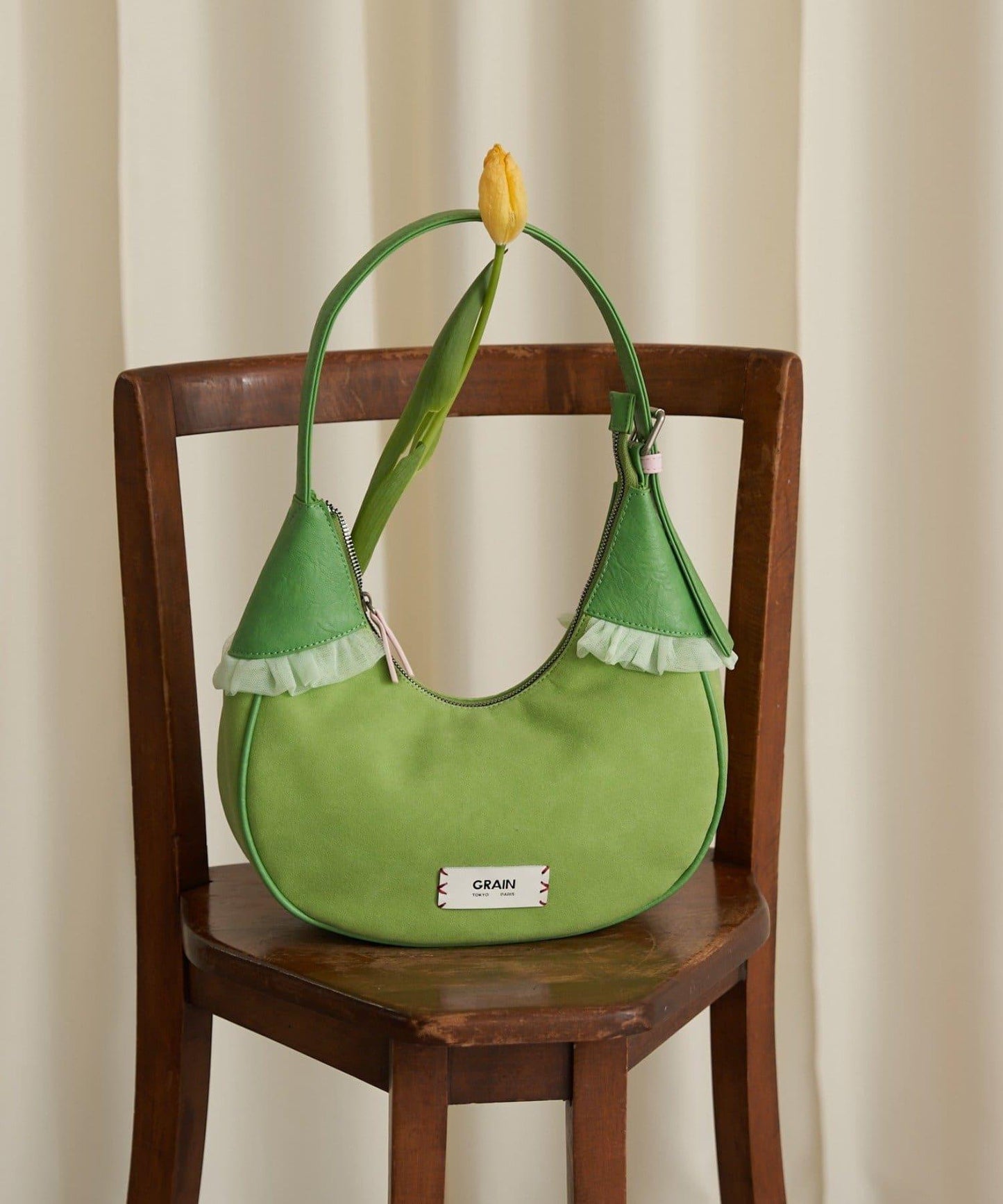 GRAIN/グレイン 麂皮拼接網紗手提包