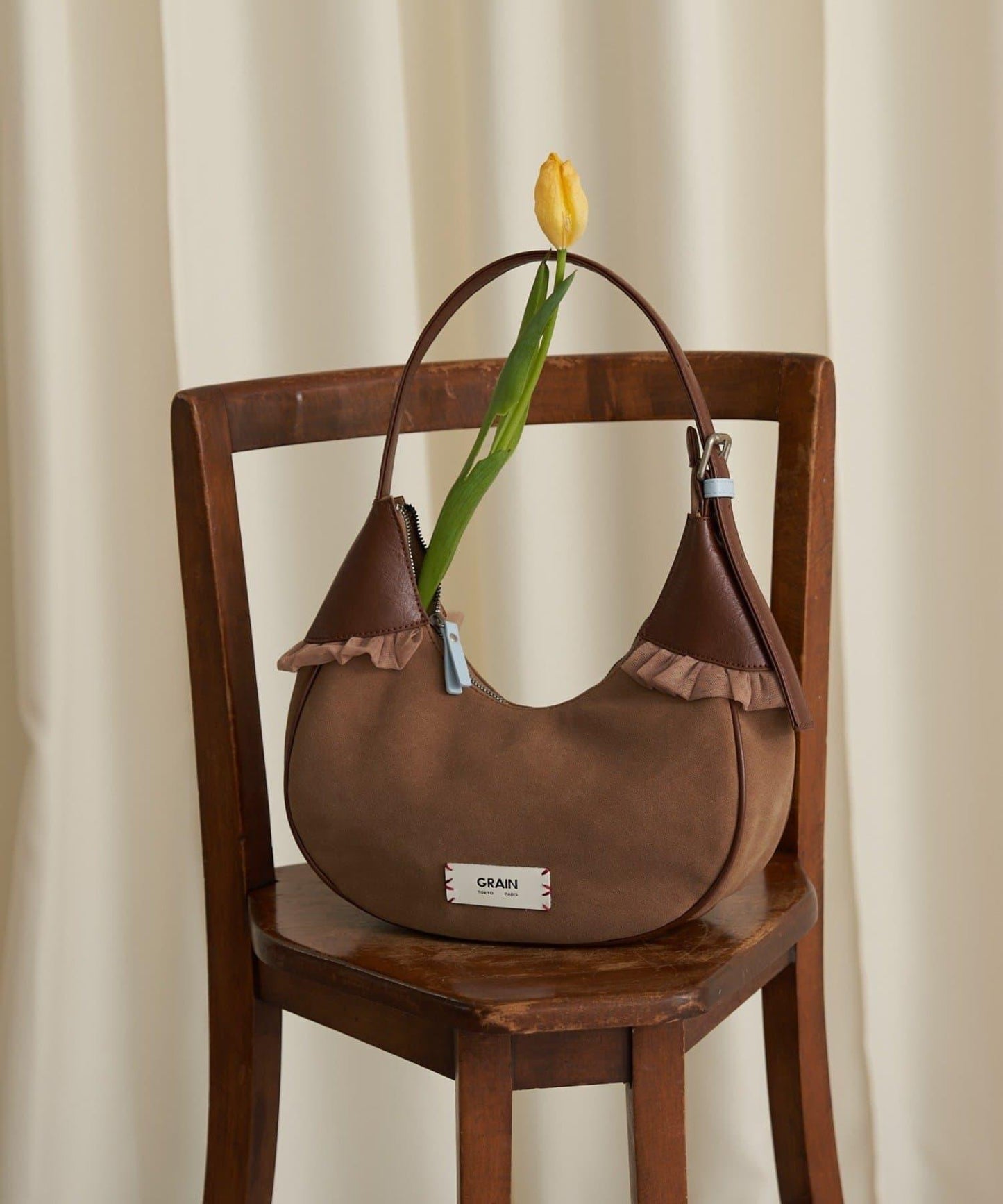 GRAIN/グレイン 麂皮拼接網紗手提包