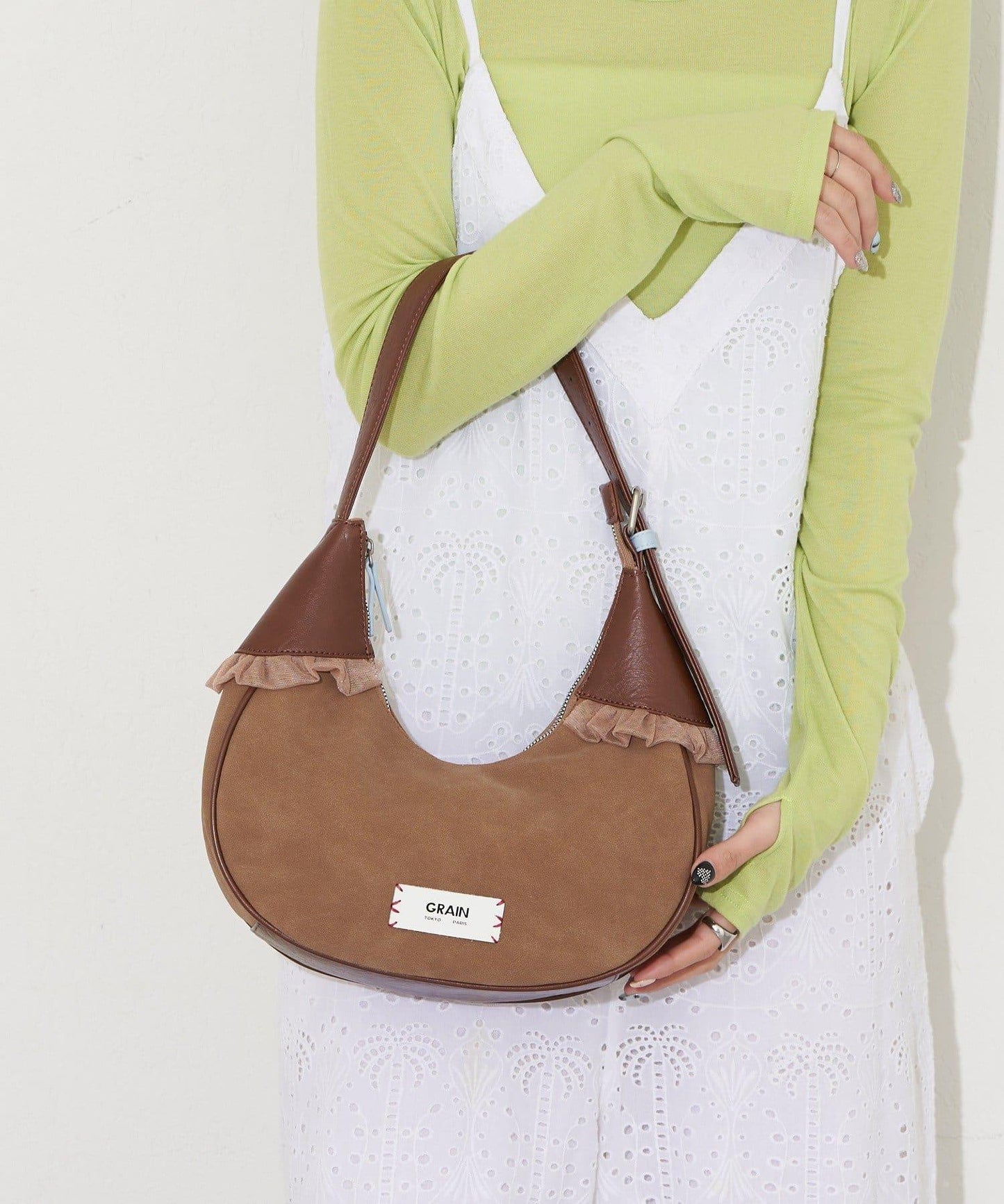 GRAIN/グレイン 麂皮拼接網紗手提包