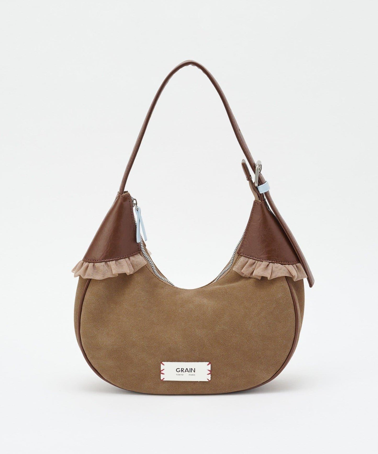 GRAIN/グレイン 麂皮拼接網紗手提包