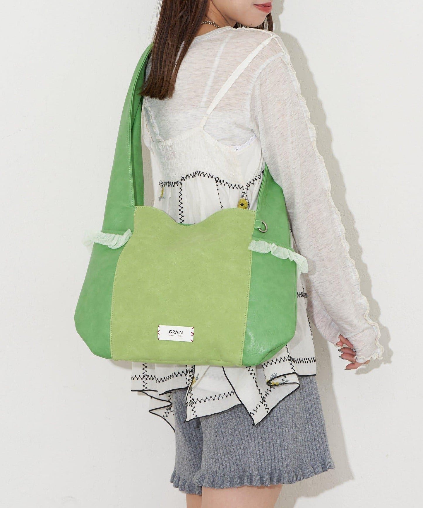 GRAIN/グレイン 麂皮拼接網紗托特包