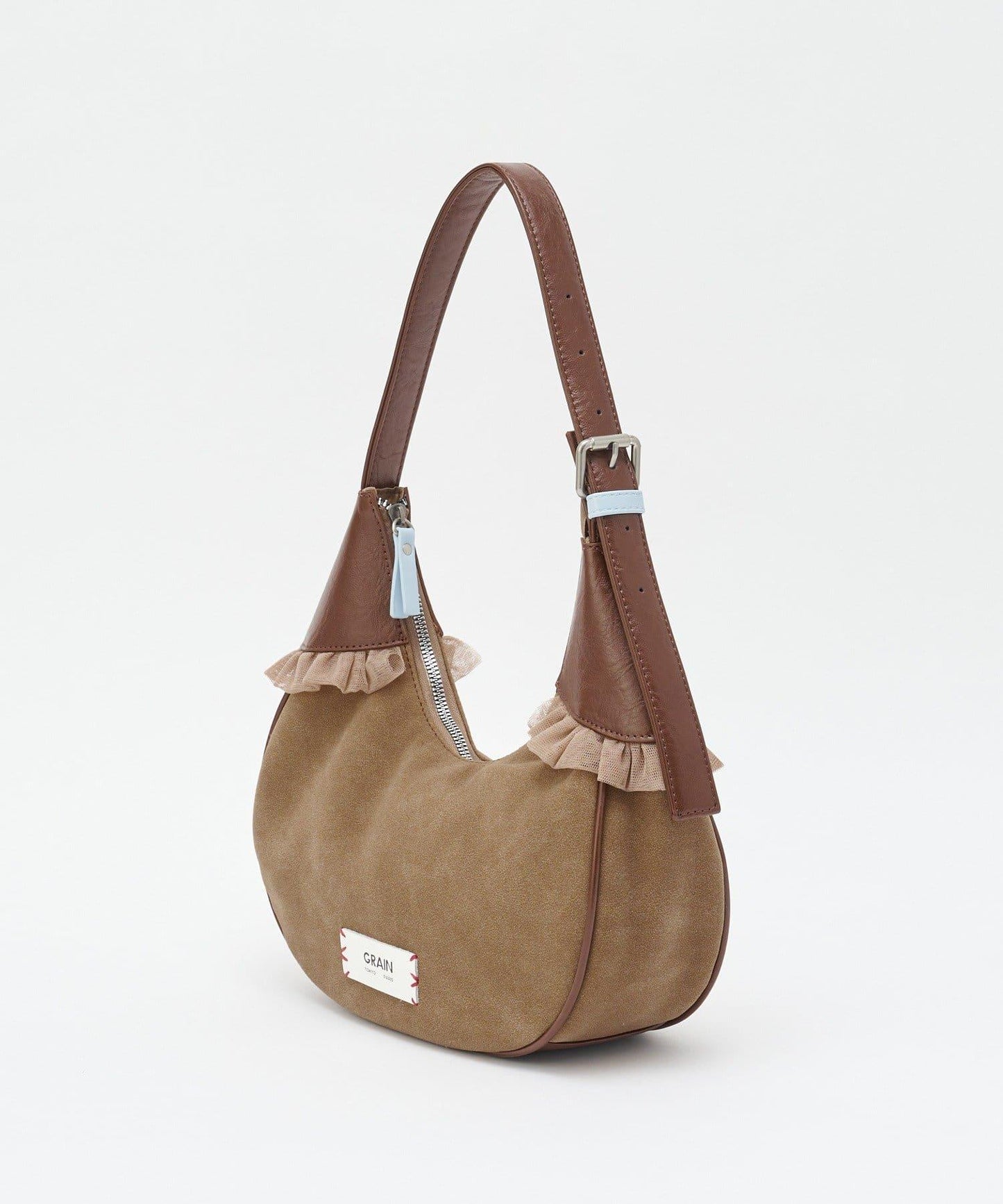 GRAIN/グレイン 麂皮拼接網紗手提包