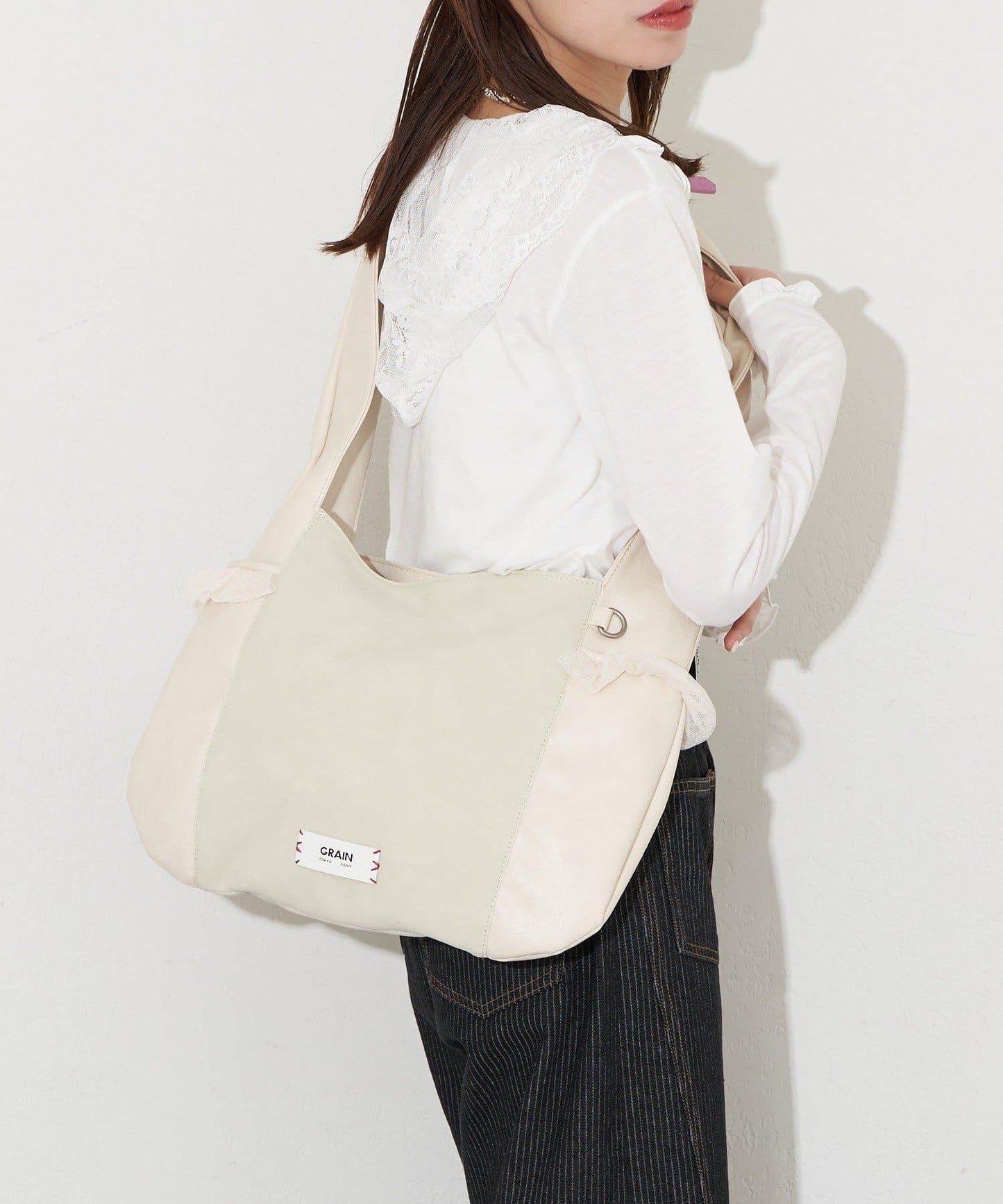 GRAIN/グレイン 麂皮拼接網紗托特包