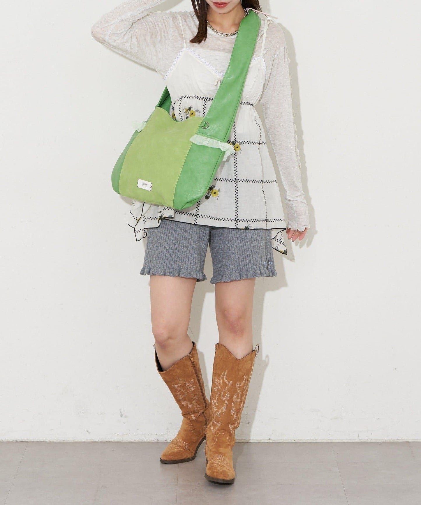 GRAIN/グレイン 麂皮拼接網紗托特包