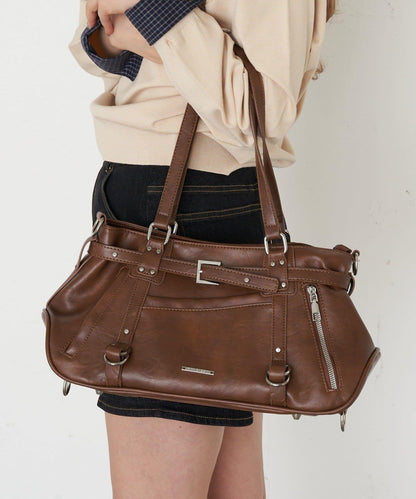 帶裝飾帶拉鍊口袋單肩包