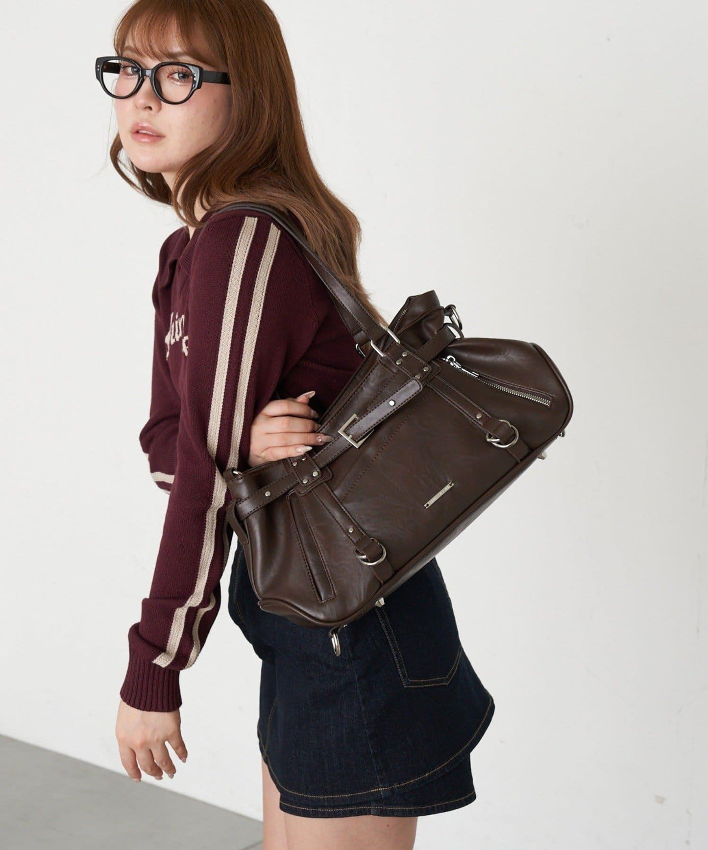 帶裝飾帶拉鍊口袋單肩包