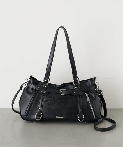 帶裝飾帶拉鍊口袋單肩包