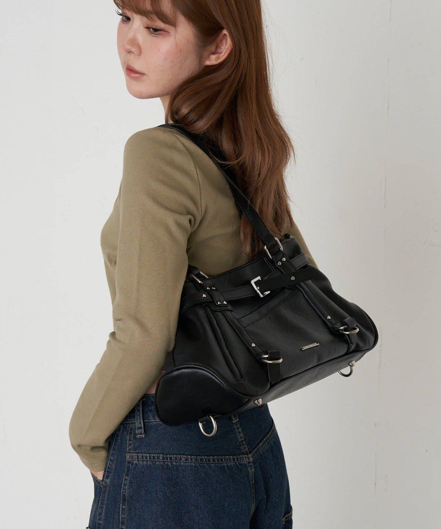 帶裝飾帶拉鍊口袋單肩包