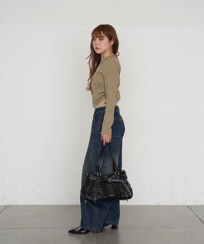 帶裝飾帶拉鍊口袋單肩包