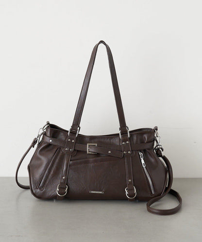 帶裝飾帶拉鍊口袋單肩包