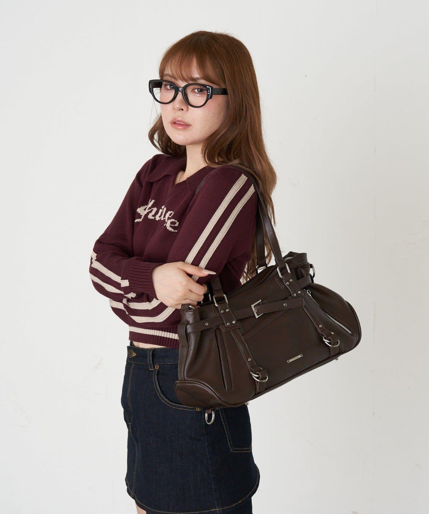 帶裝飾帶拉鍊口袋單肩包