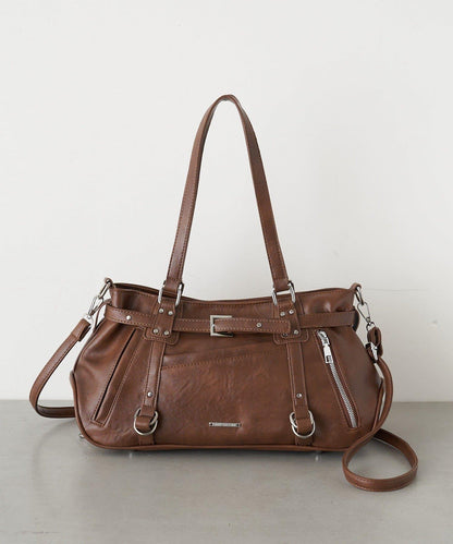 帶裝飾帶拉鍊口袋單肩包