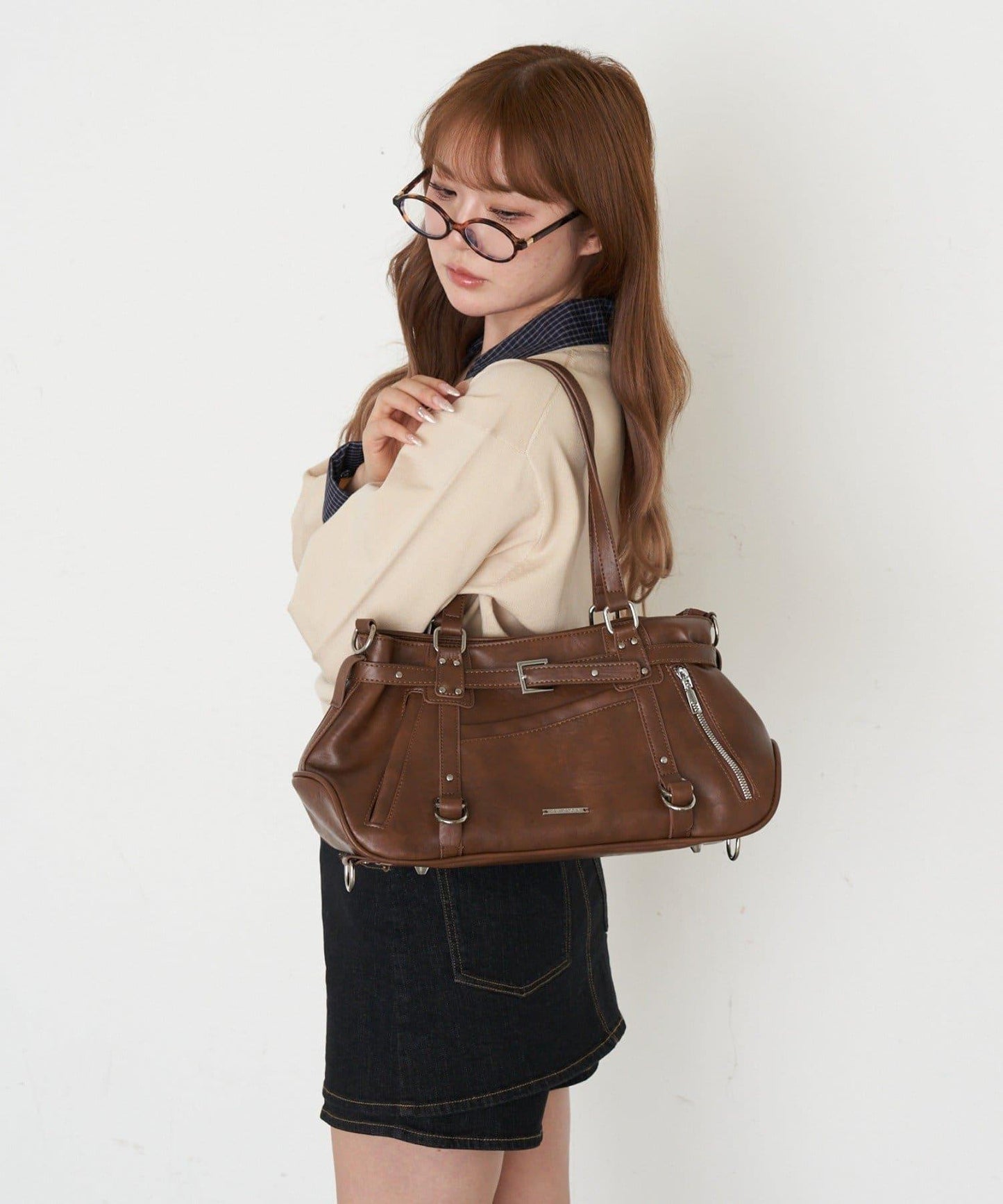 帶裝飾帶拉鍊口袋單肩包