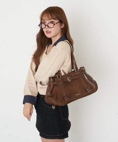 帶裝飾帶拉鍊口袋單肩包