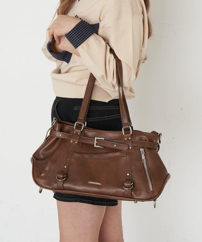 帶裝飾帶拉鍊口袋單肩包