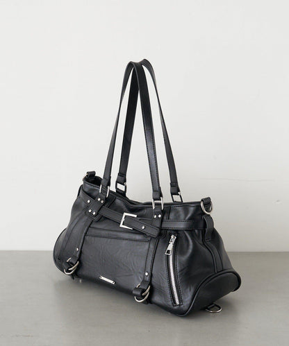 帶裝飾帶拉鍊口袋單肩包