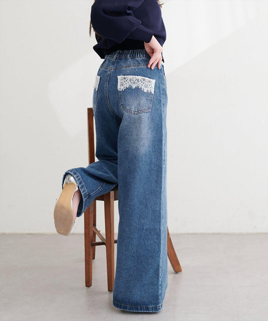 口袋蕾絲闊腿牛仔褲