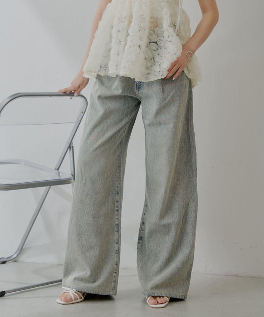 【Chico】 心形印花 盒型寬鬆 牛仔闊腿褲