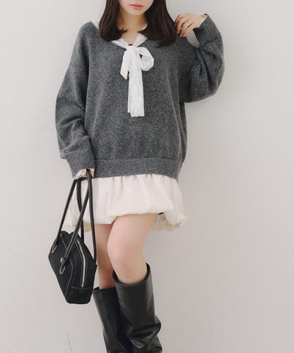 RMAF 泡泡廓形 蕾絲下襬 迷你連衣裙