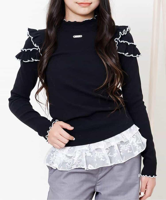 荷葉邊羅紋長袖T恤