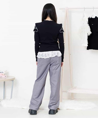 荷葉邊羅紋長袖T恤