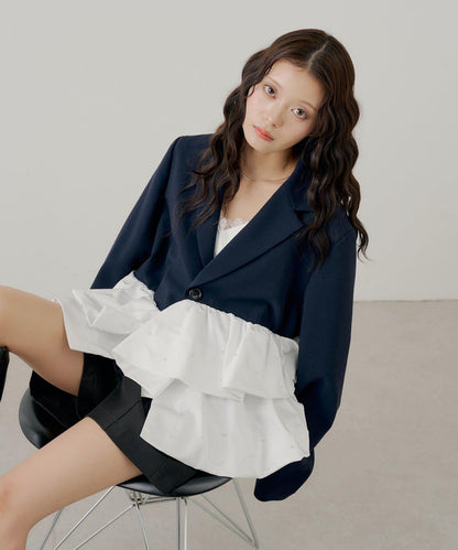 珍珠裝飾 荷葉邊拼接設計 夾克外套