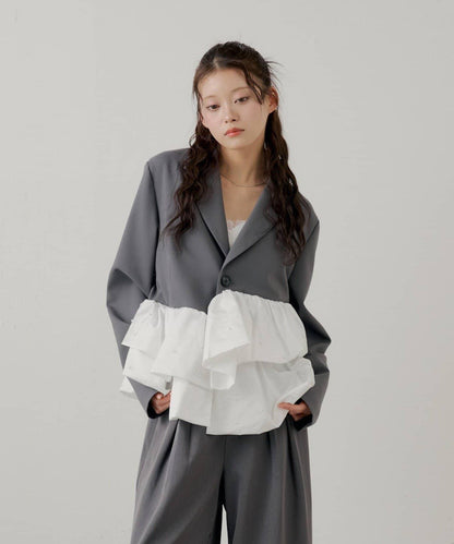 珍珠裝飾 荷葉邊拼接設計 夾克外套