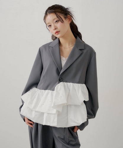 珍珠裝飾 荷葉邊拼接設計 夾克外套