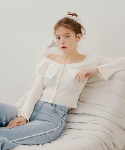 SALON by Chico 雙層蕾絲荷葉邊露肩 針織上衣