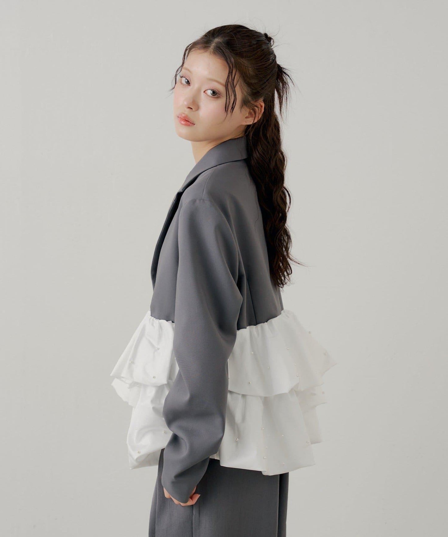 珍珠裝飾 荷葉邊拼接設計 夾克外套
