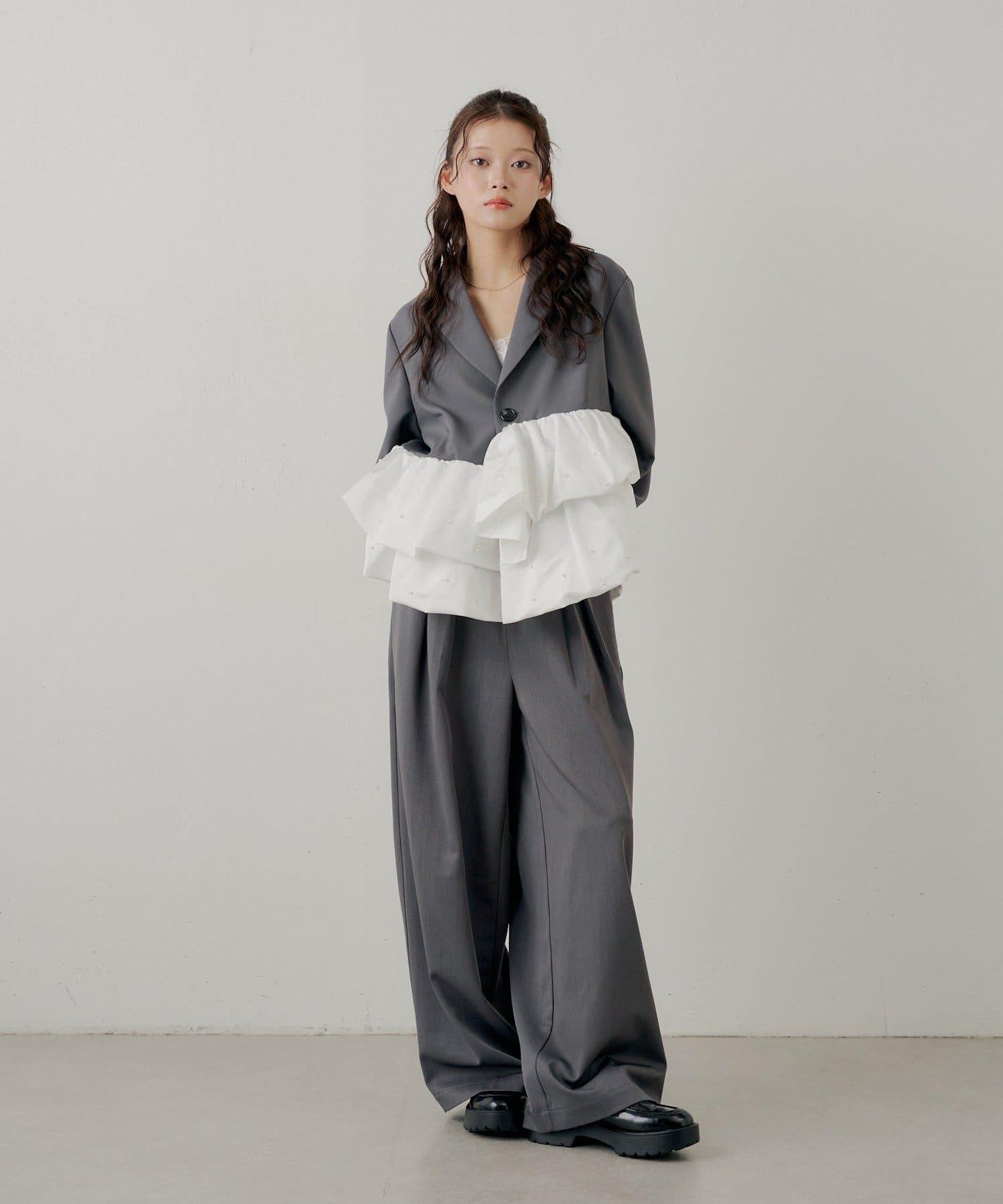 珍珠裝飾 荷葉邊拼接設計 夾克外套