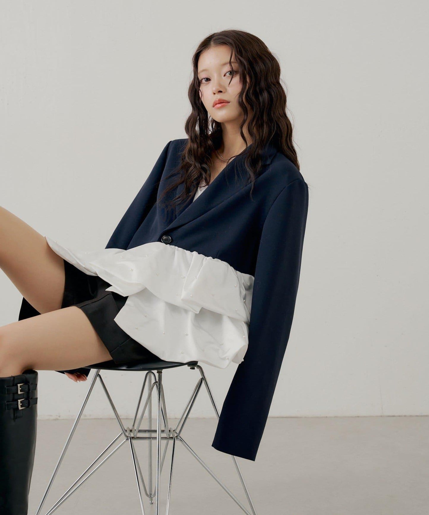 珍珠裝飾 荷葉邊拼接設計 夾克外套