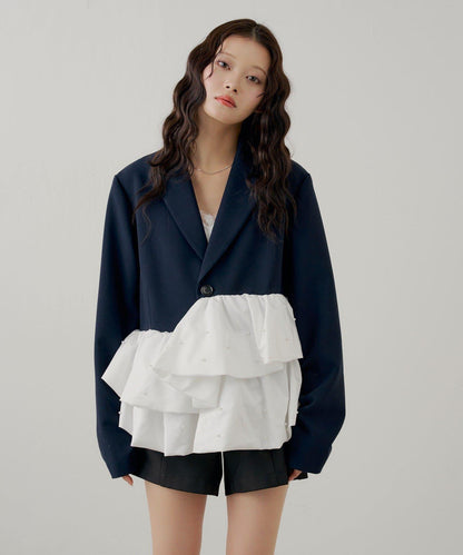 珍珠裝飾 荷葉邊拼接設計 夾克外套