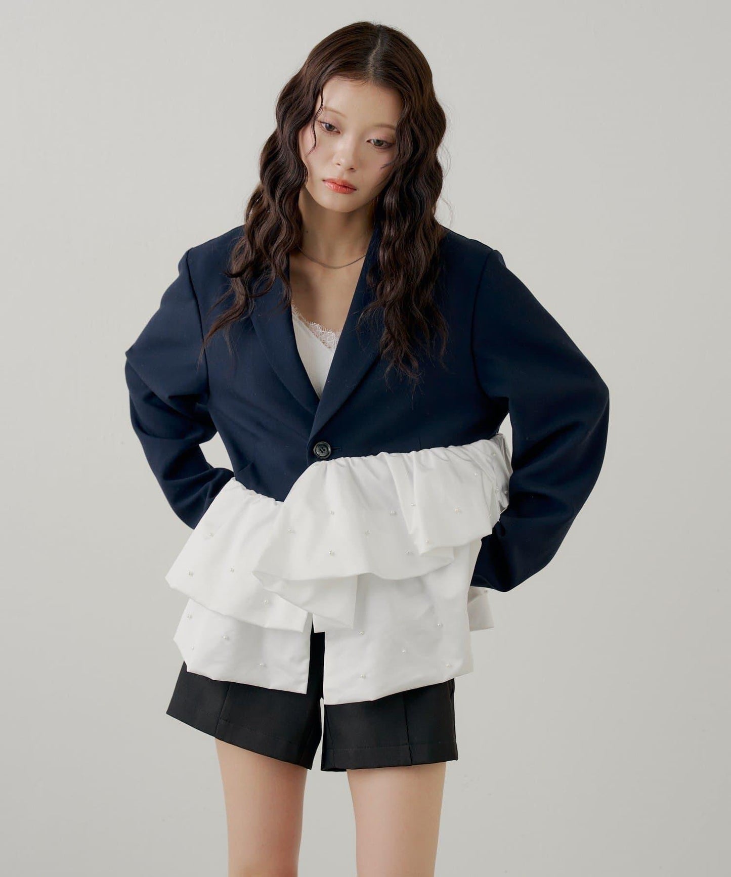 珍珠裝飾 荷葉邊拼接設計 夾克外套