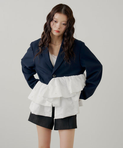 珍珠裝飾 荷葉邊拼接設計 夾克外套