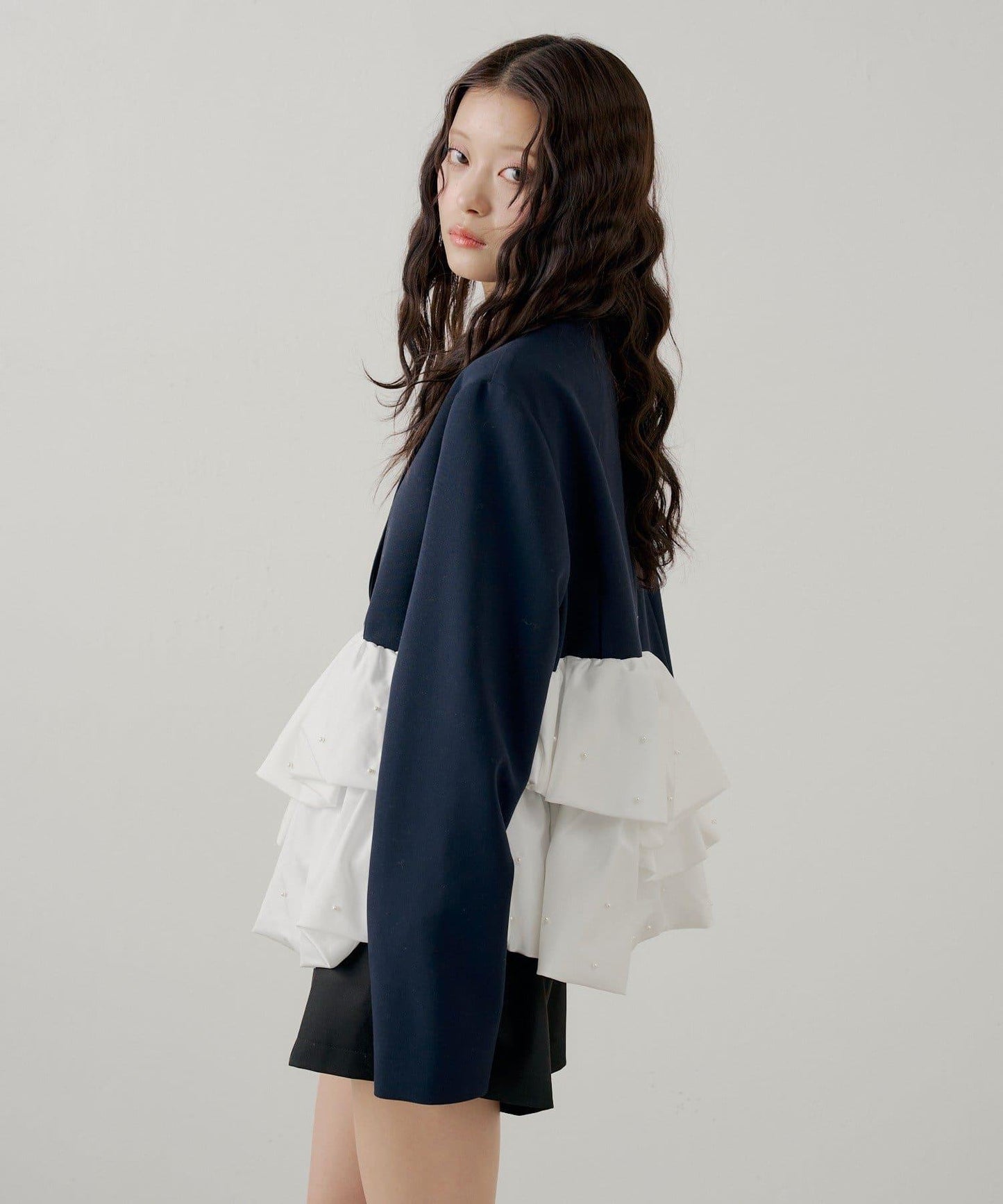 珍珠裝飾 荷葉邊拼接設計 夾克外套