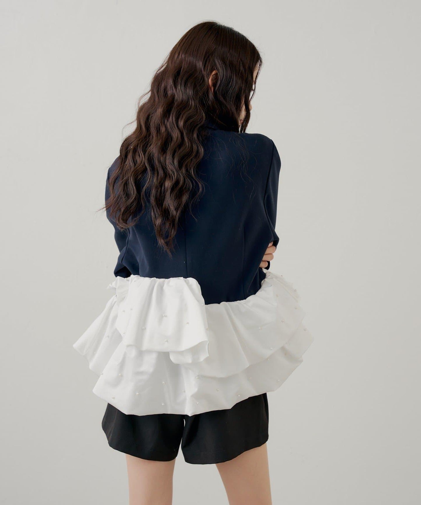 珍珠裝飾 荷葉邊拼接設計 夾克外套