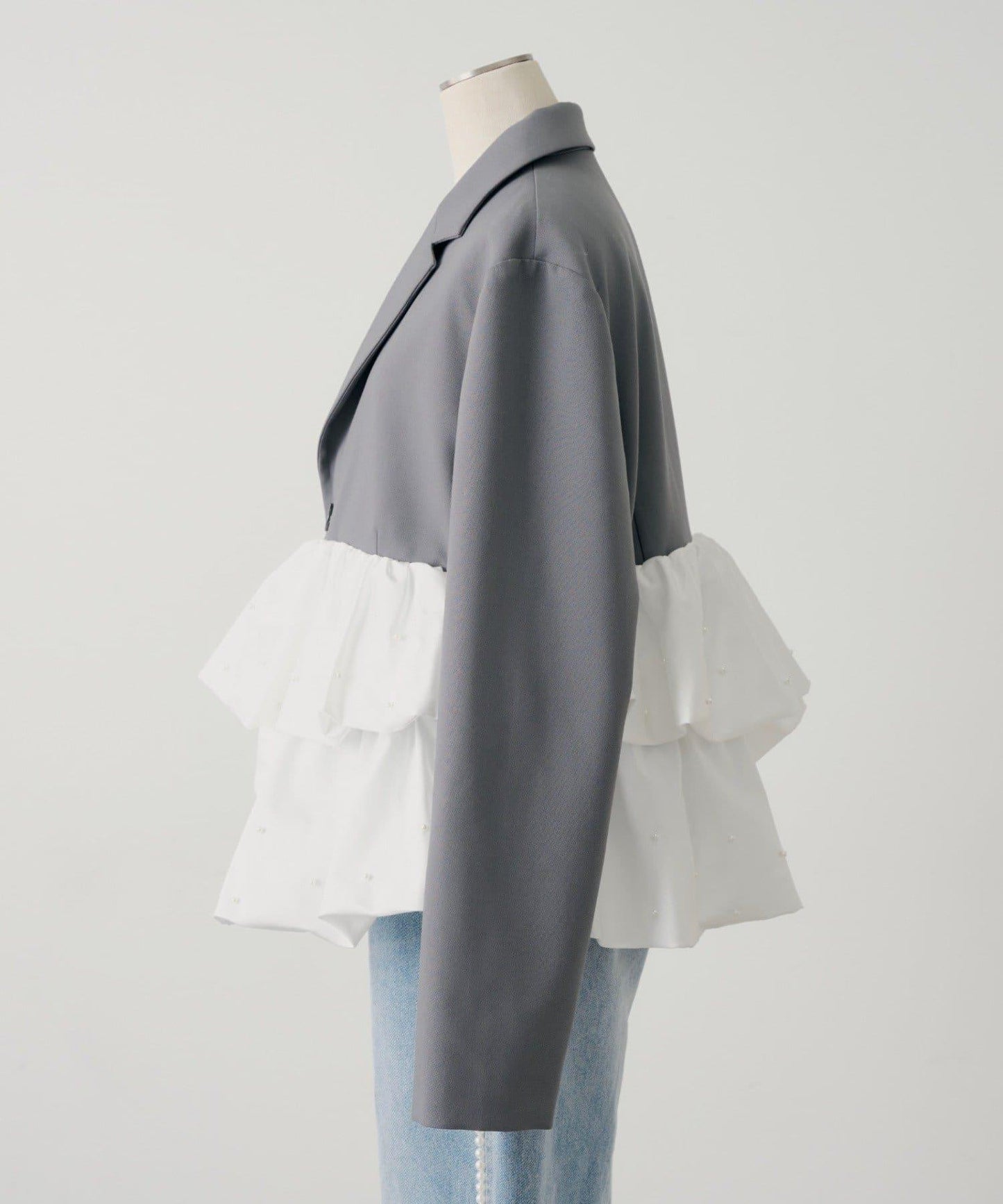 珍珠裝飾 荷葉邊拼接設計 夾克外套