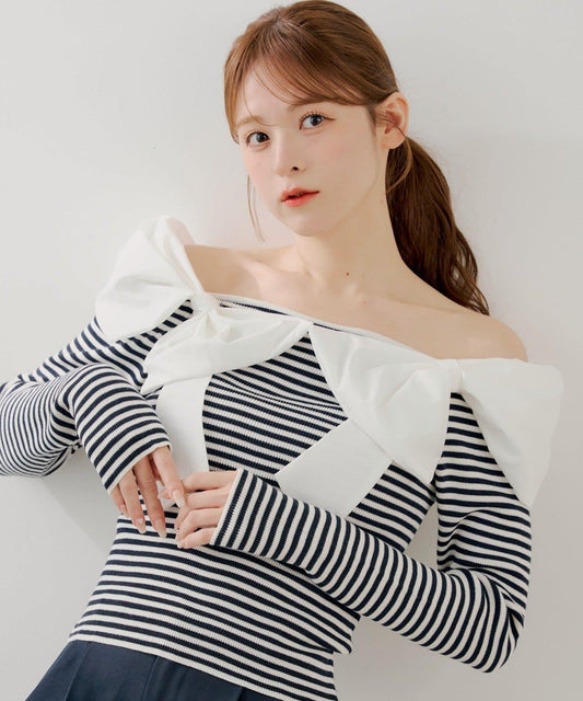 SALON by Chico 雙蝴蝶結拼接設計針織上衣