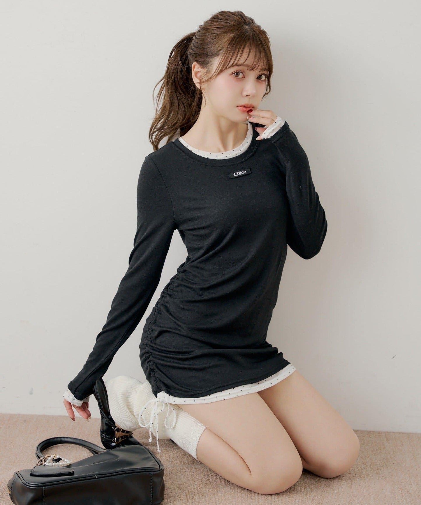 側抽繩層疊設計連衣裙