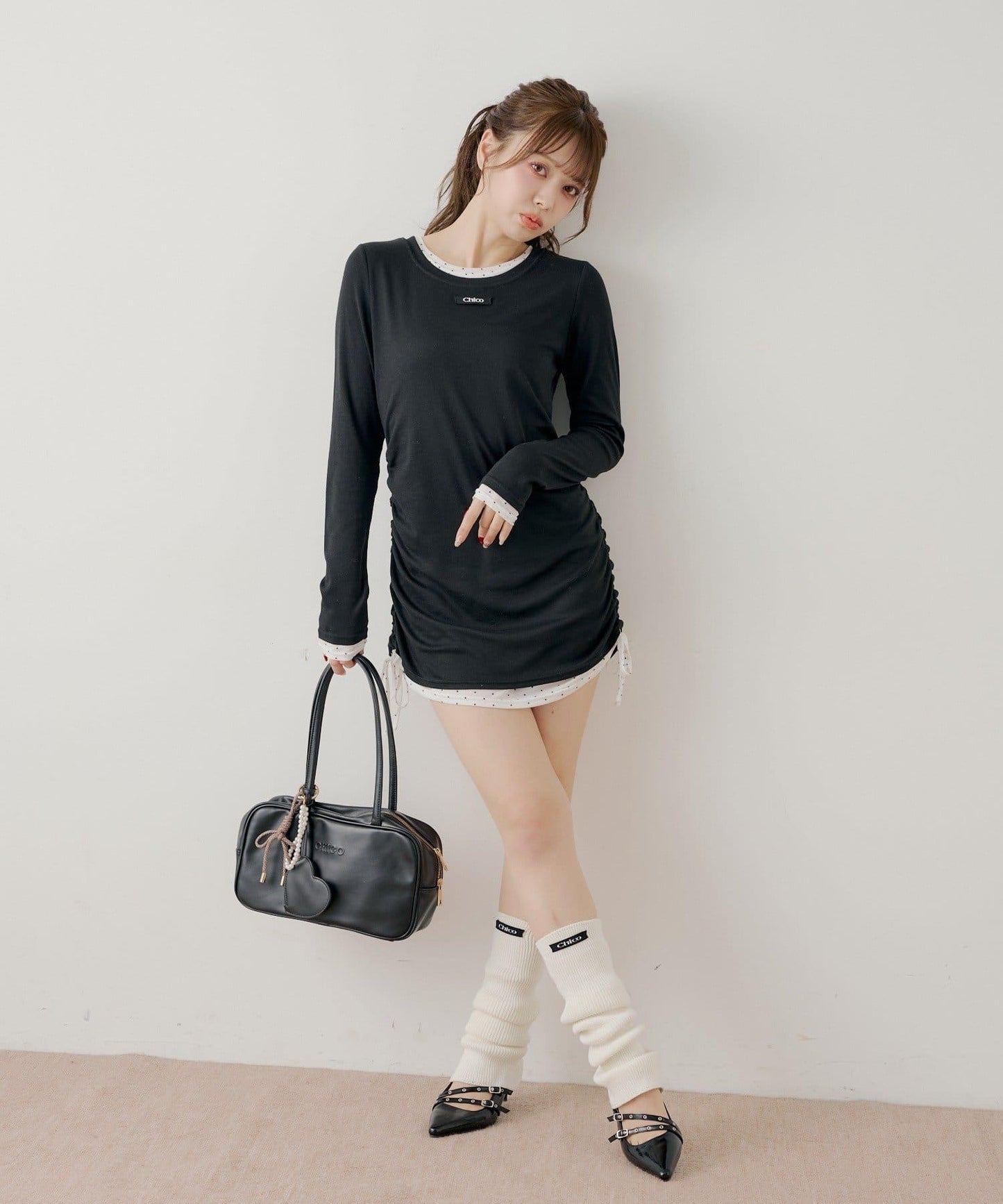 側抽繩層疊設計連衣裙